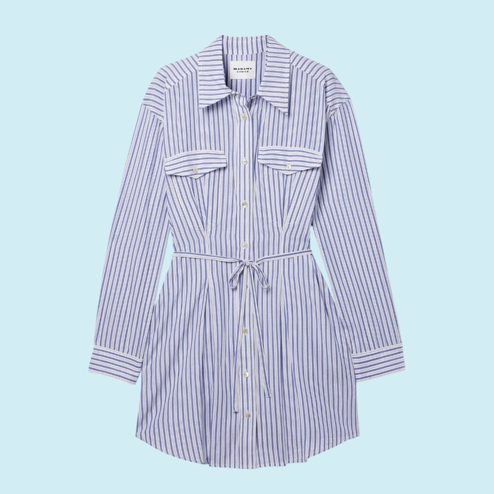 Isabel Marant Étoile Liliane Shirtdress Size 34 Blue Striped Belted Cotton Mini